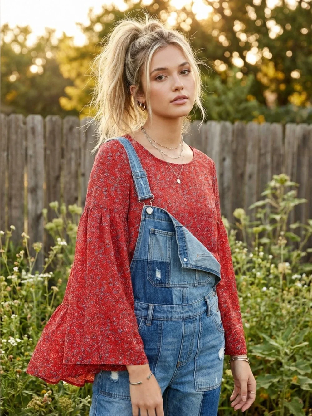 EASEL Boho flare/bell sleeve red chiffon peplum layered blouse - Picture 6 of 12